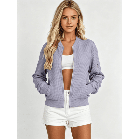Zynoxe Women's Bomber Jacket with Pockets Classic Stand Collar Full Zip Jacket for Women Relaxed Loose Long Sleeve Casual Coat Comfort Breathable Waffle Knit Jacket Versatile Solid Color Jacket S