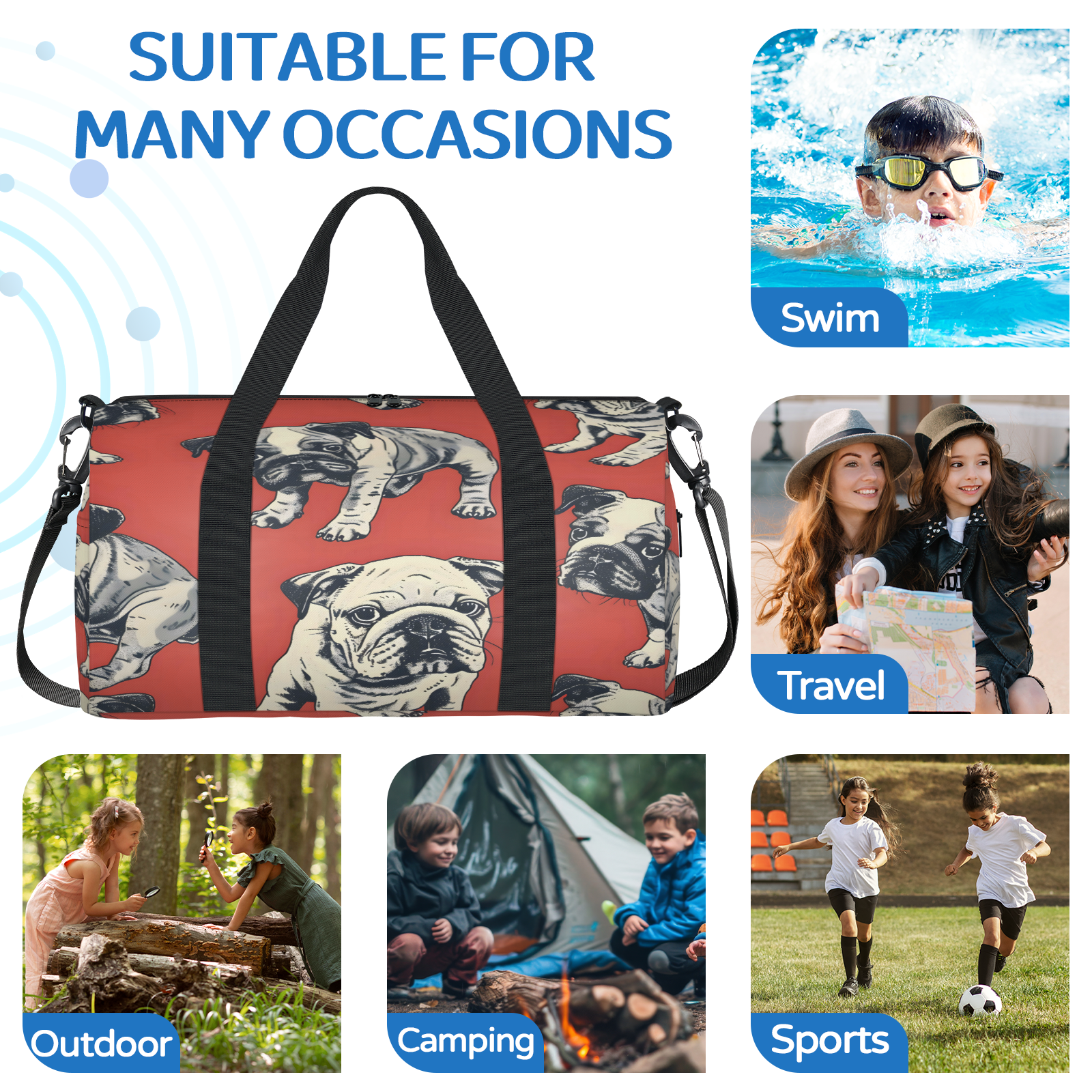Herdesigns Bulldog Dogs Travel Duffle Bag Sports Yoga Weekender Overnight Carry on Workout Bags Lightweight Waterproof Gym Tote Bag for Women
