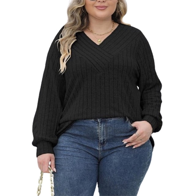 SUNSIOM Women's Plus Size Knitted Pullover Tops Ribbed Long Sleeve Wrap V-Neck Jumper Fall Winter Tops