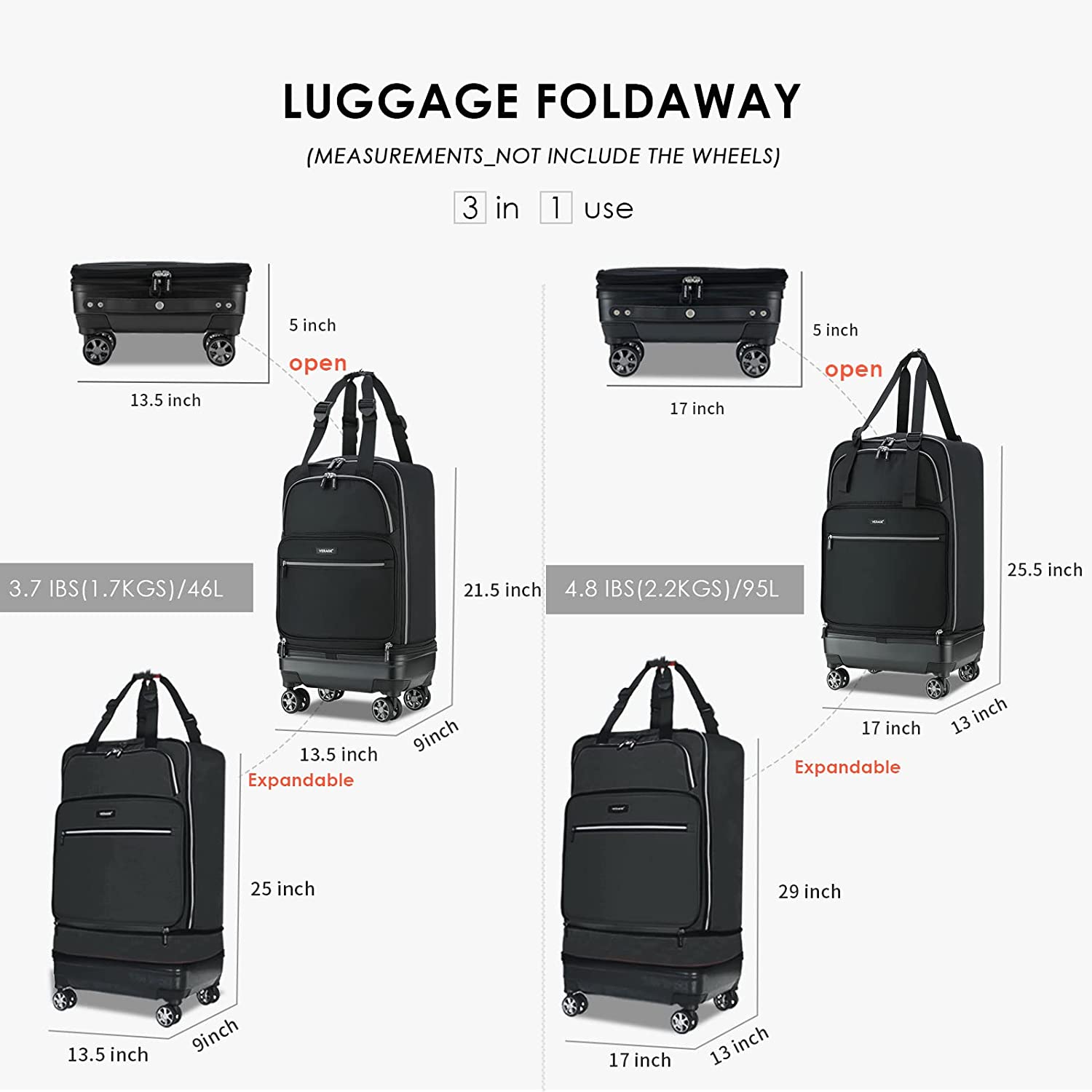 Verage Expandable Foldable Luggage Collapsible Rolling Travel Duffel Bag Lightweight Suitcase with Detachable Spinner Wheels(Black, 24 Inch Expands into 28 Inch)