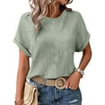 thumbnail image 4 of Yigetop Gauze Shirts for Women, Women's Summer Solid Color Casual Loose Double Wrinkle Solid Color Round Neck Short Sleeved T Shirt Cotton Linen Tops for Women Mint Green 3XL, 4 of 6
