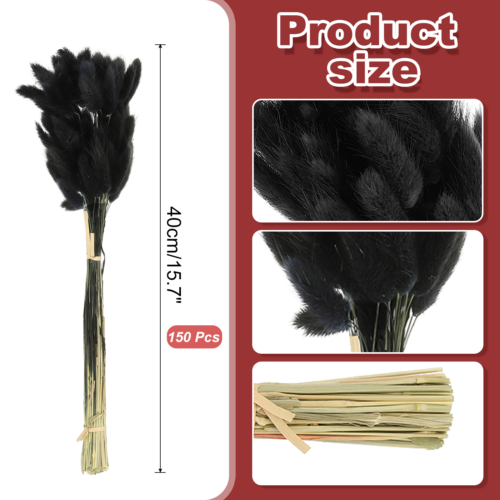 Uxcell 15.7in Bunny Tails Dried Flowers, 150pcs Pampas Grass Decor Rabbit Tail Natural Pampas Grass Bulk Fluffy Faux Pampas Grass Small Dried, Black