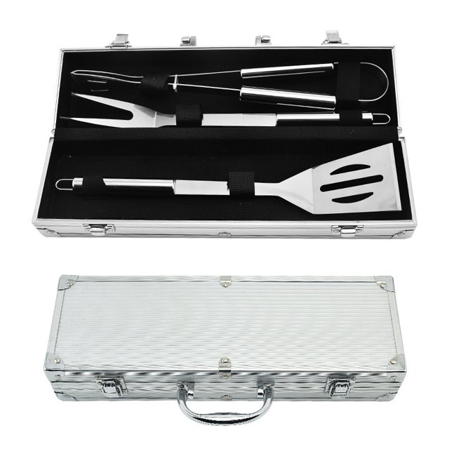 Juego de utensilios para barbacoa, juego de utensilios para barbacoa para asar a la parrilla - Material: Aleación de aluminio - Material de la caja: Aleación de aluminio - Caja de aluminio, 3 utensil