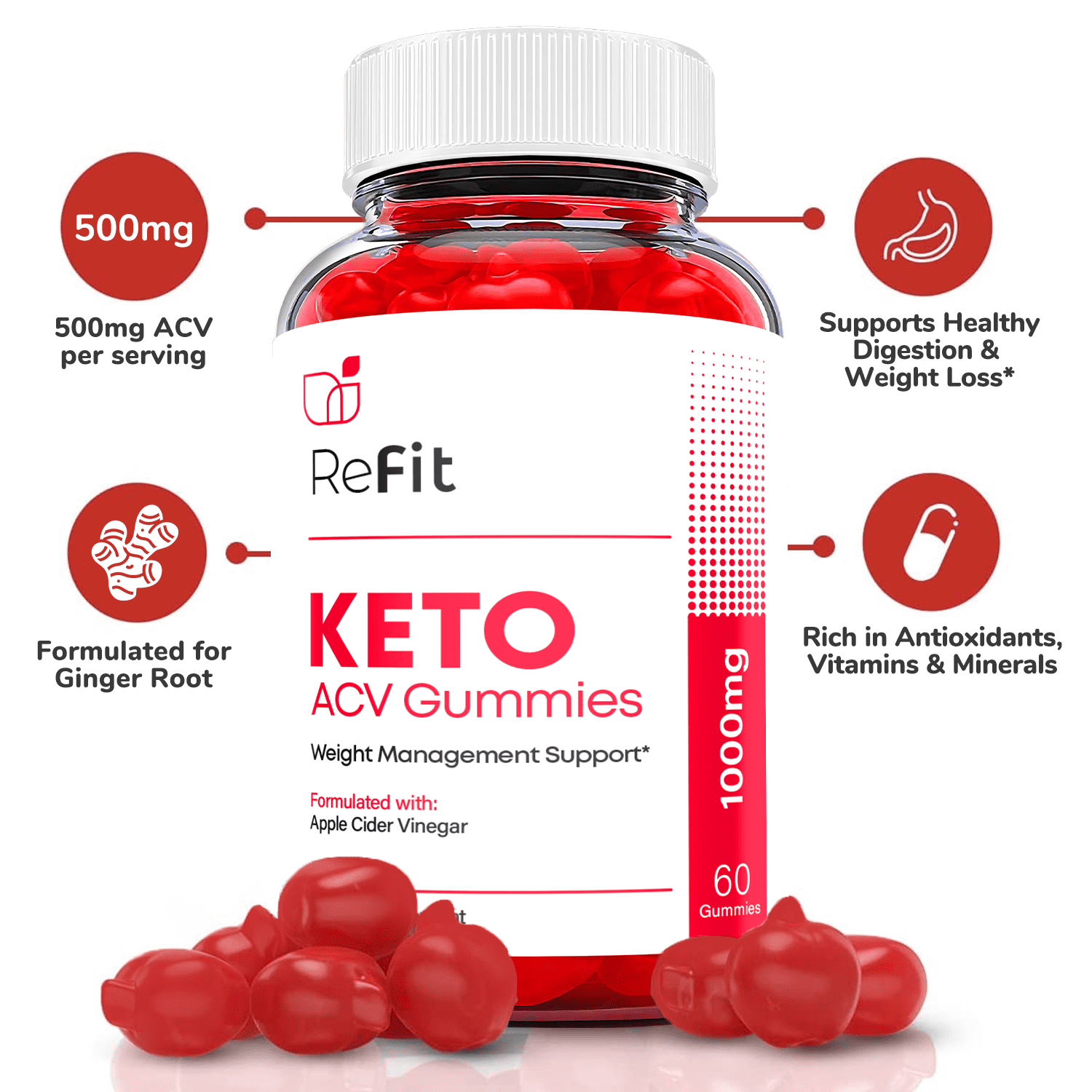 (2 Pack) ReFit Keto ACV Gummies - Supplement for Weight Loss - Energy & Focus Boosting Dietary Supplements for Weight Management & Metabolism - Fat Burn - 120 Gummies