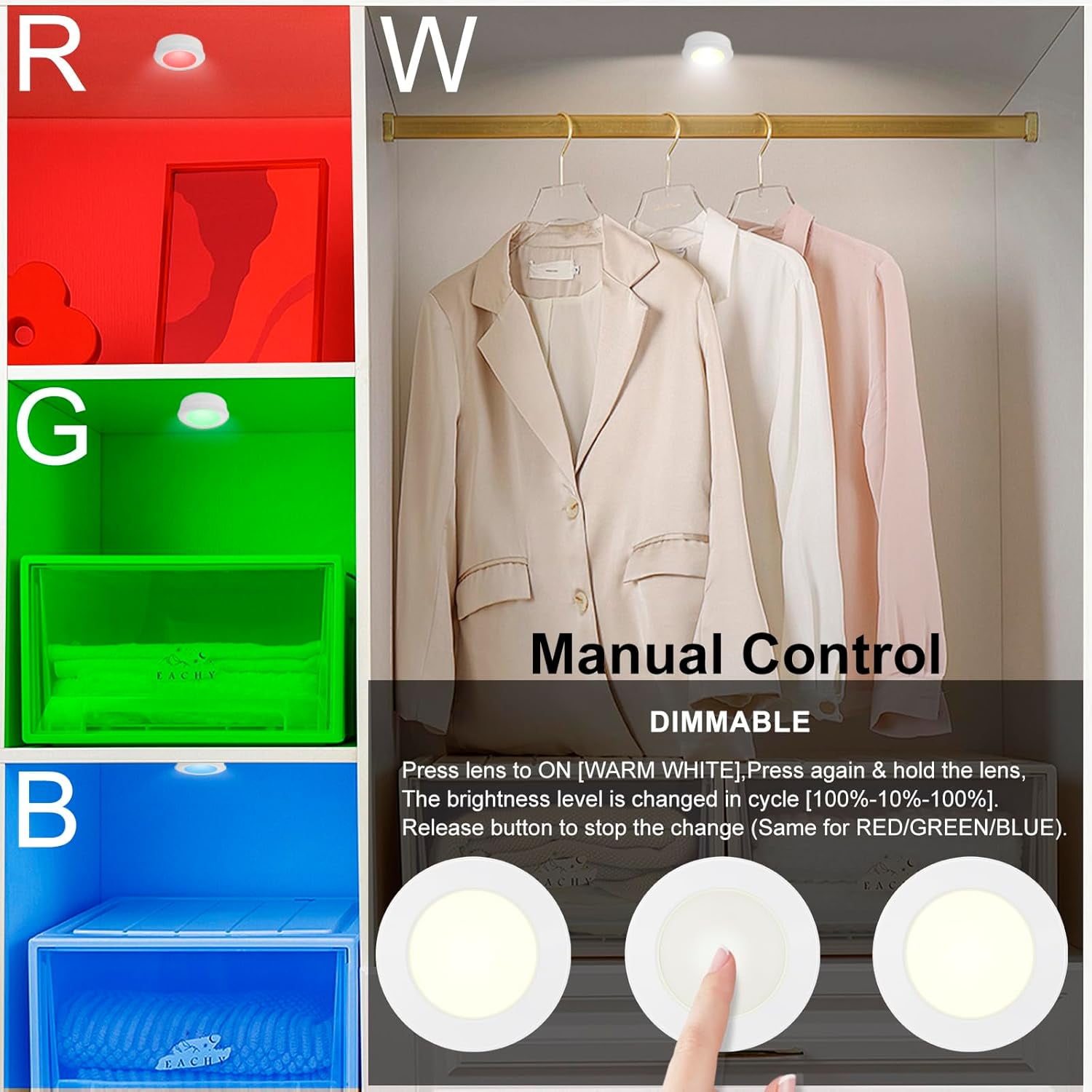 JJEAN-Puck Lights with Remote , Wireless Under Cabinet Lighting,Color Changing Tap Lights with Dimmer and Timer, AAA Battery Operated Light Push Lights Stick on for Closet, Bedroom Wall, Under Cabine
