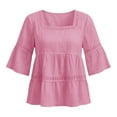 thumbnail image 4 of QQZ Women's Cotton Linen 3/4 Sleeve Blouse Square Neck Eyelet Lace Trim Casual Loose Babydoll Tunic Tops Summer Peasant Shirts, 4 of 6