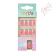 Lottie London Stay Press'd, Press on Nail Set, Pink with Green Tips Squoval Shape, Watermelon, 24 Nails
