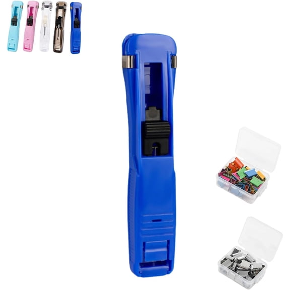 Portable Binder Clip Stapler - Includes 58 Reusable Clips, Mini Push Stapler Clamp Staplers, Handheld Paper Clam Clips Dispenser, for Paper Fastening and Document Organization