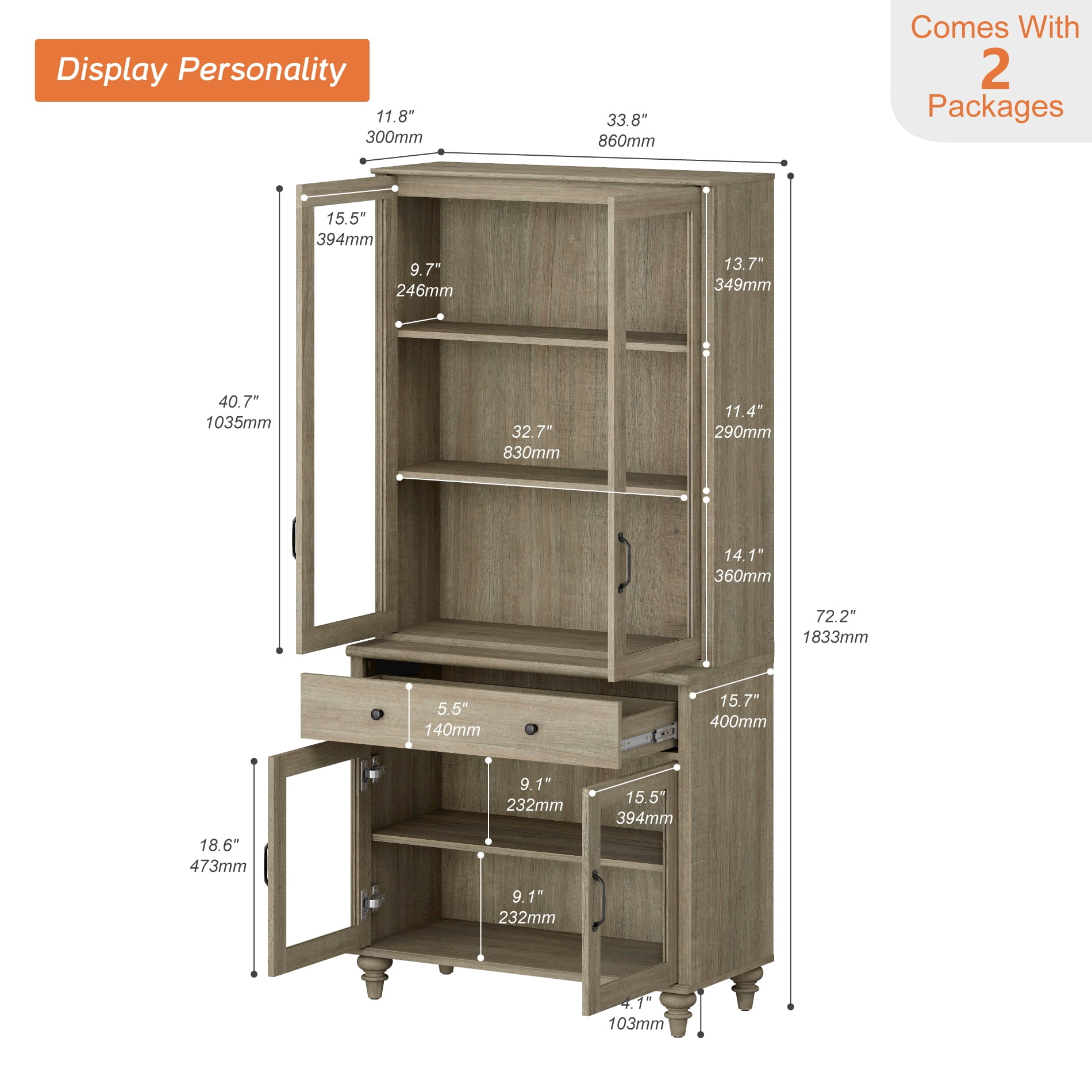 72.1"H × 33.9"W Farmhouse Wooden Bookcase with Glass Doors and Drawer, Large Storage Bookshelf for Living Room, Bedroom, Home Office & Kitchen, Wash Gray