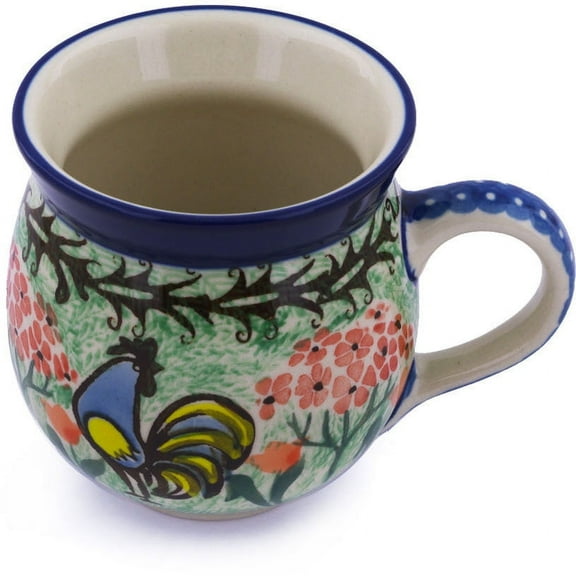 Polish Pottery Bubble Mug 12 oz Polmedia Rooster Dance Theme UNIKAT Hand Painted in Boleslawiec, Poland   Certificate of Authenticity