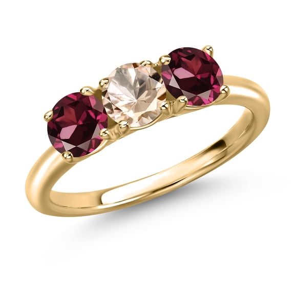 Gem Stone King 10K Yellow Gold Peach Morganite and Red Rhodolite Garnet Engagement Ring for Women | 1.60 Cttw | Round 5MM | Gemstone October Birthstone | Size 7