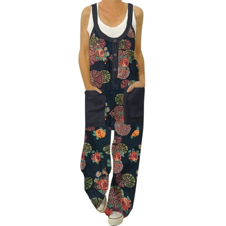 

Womens Vintage Floral Prints Straps O Neck Rompers Pockets Playsuit Long Jumpsuit Full Body Rompers Stylish for Women Body Women New Years Jumpsuit Jumpsuit Corset Jumpsuits for Women New Years