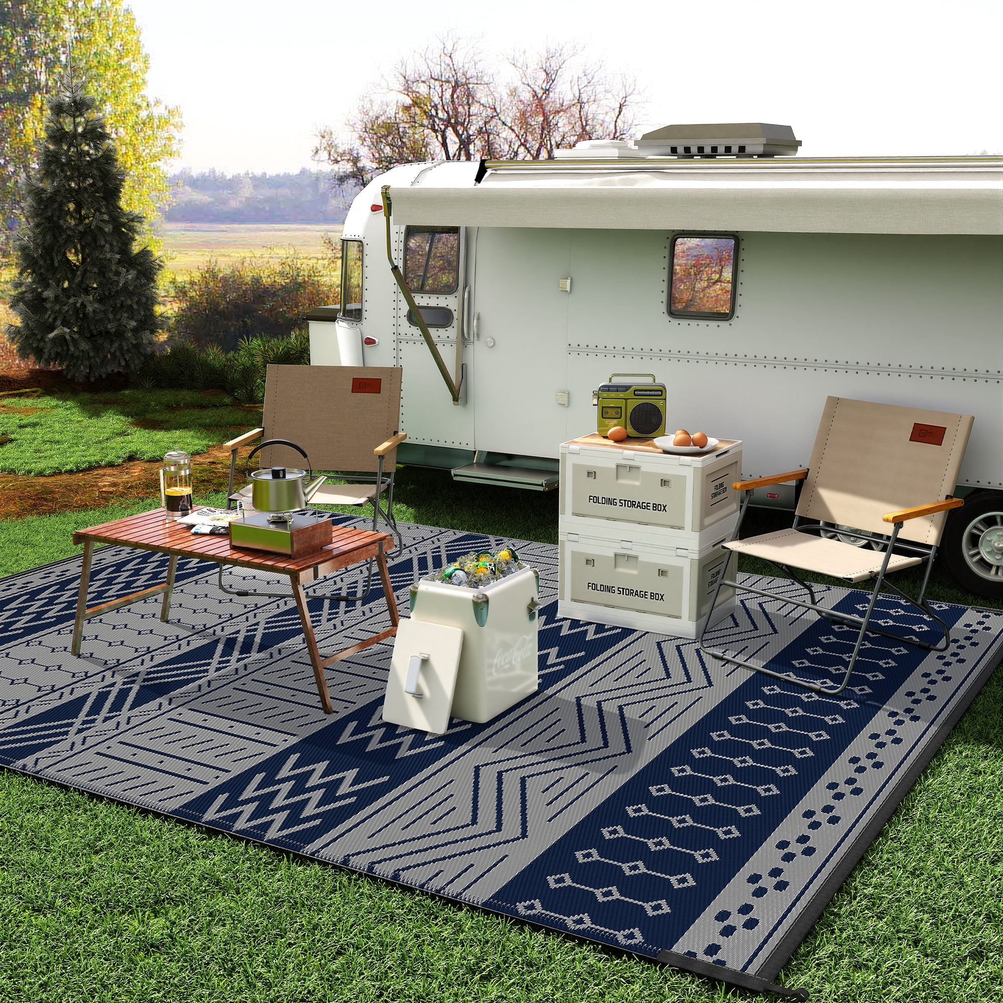SIXHOME Outdoor Rug 9'x12' Waterproof Patio Rug Reversible Indoor Outdoor Rug Lightweight Plastic Straw Rug for RV Camping Deck Balcony Boho Porch Decor Blue and Gray