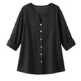 thumbnail image 2 of Summer Fall Shirts for Ladies Short Rolled Women Sleeve Tops Solid Color Cotton Linen Blouses V Neck Soft Floral Print Tunic, 2 of 7
