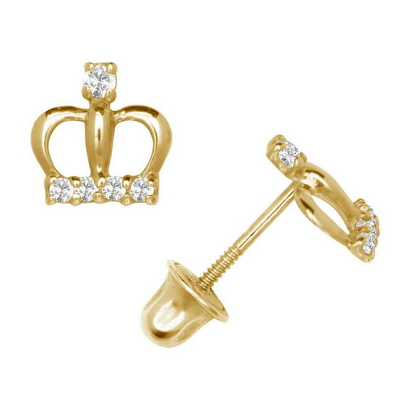 Solid 14k Gold Cubic Zirconia CZ Beautiful Crown Shaped Stud Earrings With Stones Yellow Gold-Stud Earring for Women
