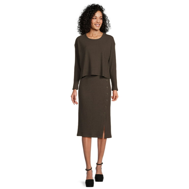 Time and Tru Women s Rib Knit Long Sleeve Top and Midi Skirt Set