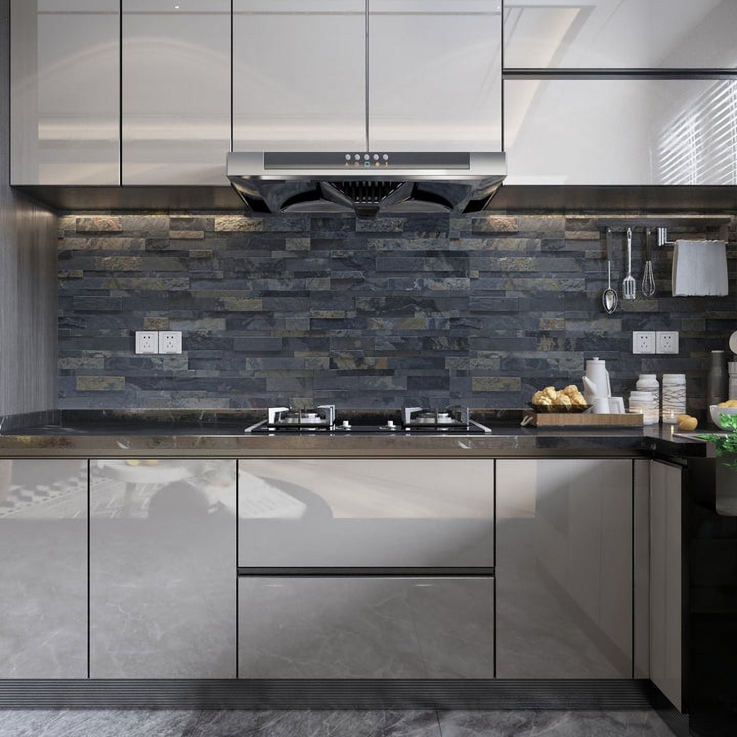 Stoneflex Beige and Grey Natural Stone Tiles 24" x 6" Coverage Area, for Bathroom Pack of 10