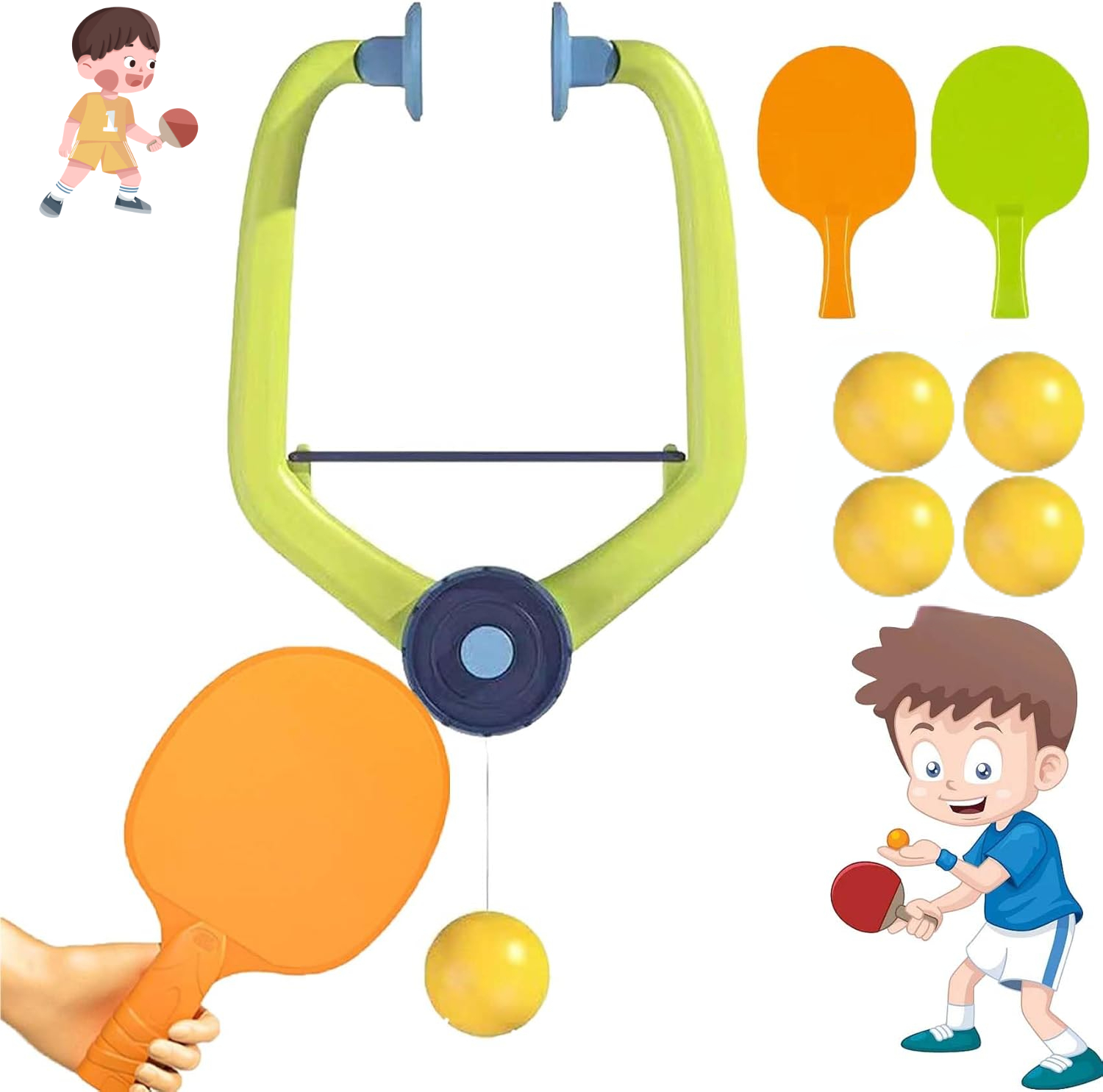 Door Plunking Game,Door Ping Pong Game for Kids Trainer, Adjustable Hanging Table Tennis Set with 1 Pc Trainer&4 Balls, Doorway Ping Pong，Daily Portable Exercise Kit