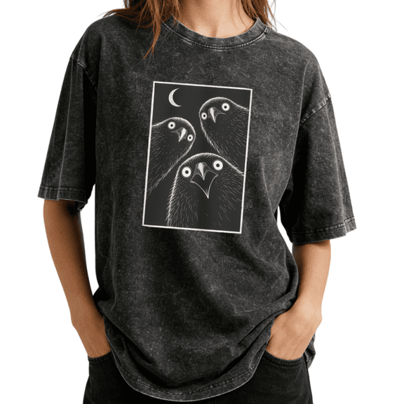 Retro Funny Three Crows Wide Eyed Cartoon Graphic Wash Print Tshirt S-2XL Vintage Black Graphic Tees Gift Shirts for Bird Watcher Tops