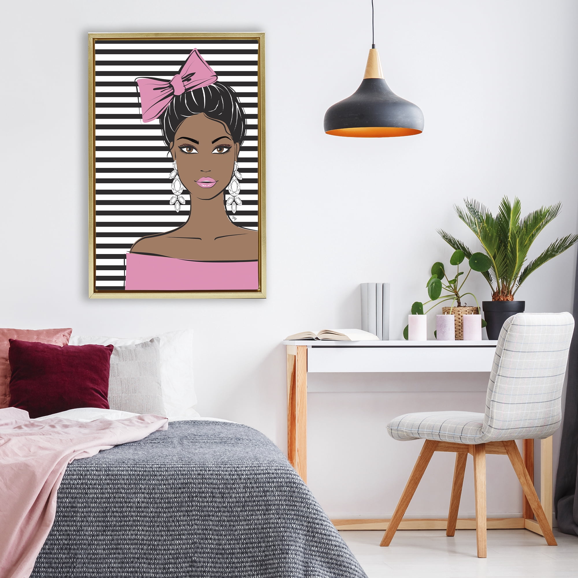 Stupell Industries Girl with Bow & Jewel Earrings Gold Framed Floater Canvas Wall Art, design by Martina Pavlova