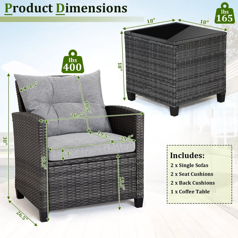 Gymax 3-Piece Patio Rattan Conversation Set, Gray Cushions photo 3