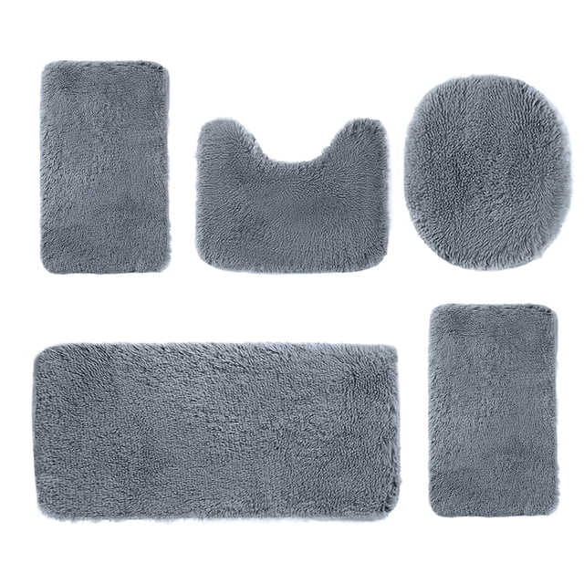 Ohufall 5 Piece Solid Color Long Hair Bath Mat Set Non Slip Soft Toilet Rug Machine Washable Quick Dry
