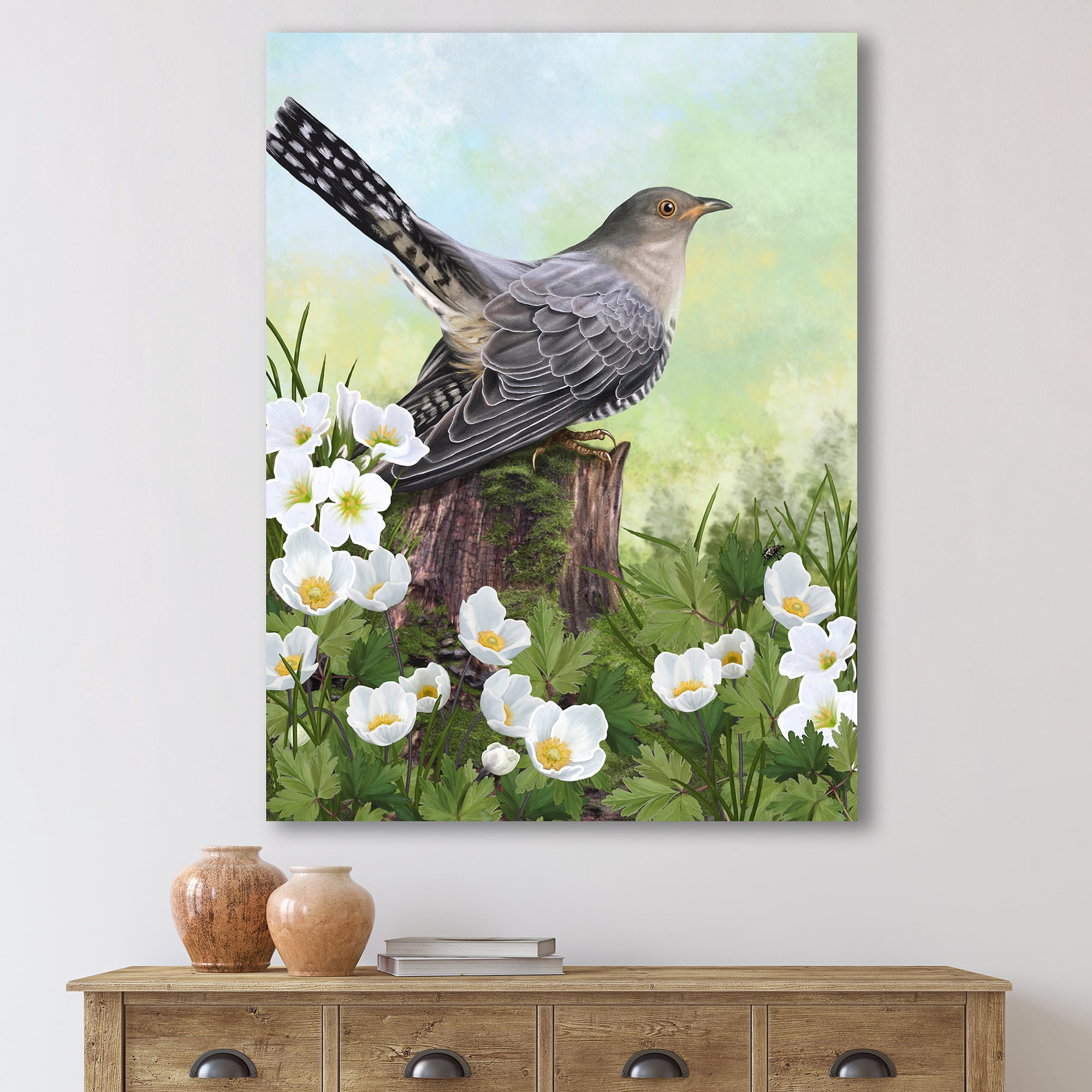 Cuckoo Bird On An Old Stump and White Flowers 30 in x 40 in Painting Canvas Art Print, by Designart