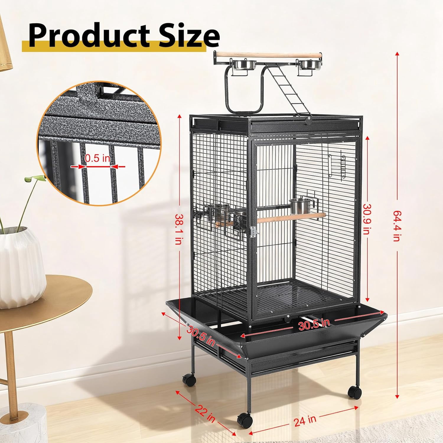 QinaQin Large Bird Cage with Play Top,Rolling Stand & Bowls,Metal Parrot Aviary,Indoor/Outdoor Use,Porch,Yard,Black