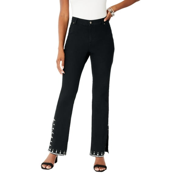 Roaman's Women's Plus Size Invisible Stretch Rhinestone-Detail Split Flare-Leg Jean