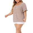 thumbnail image 4 of Agnes Orinda Women's Plus Size Gingham Tops Plaid Sweetheart V Neck Puff Short Sleeve Button Decor Summer 1950s Blouses 2X Brown, 4 of 5