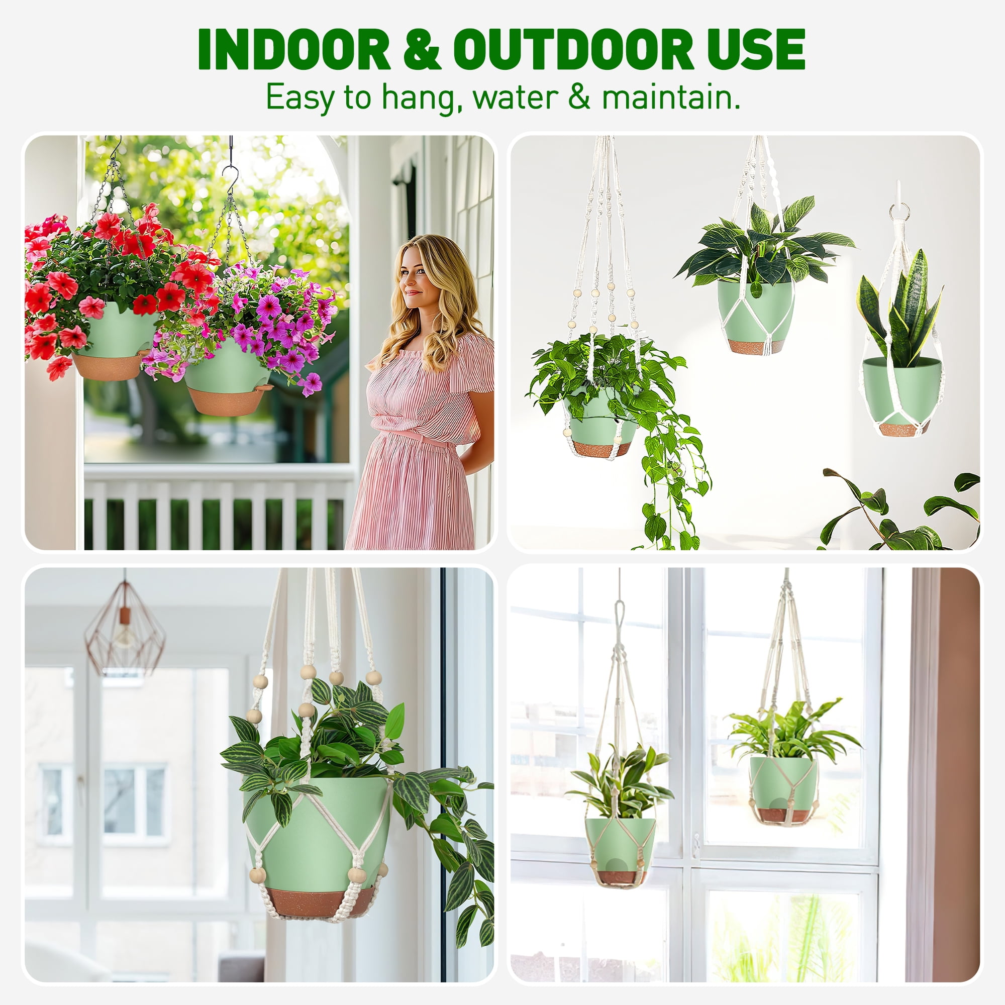 3-Pack Self Watering Hanging Plant Pots with Macrame Hangers, Plastic Planters with Drainage Holes and Saucers, Indoor Outdoor Flower Pots, Includes 3 Ceiling Hooks, 7"/6"/5.5" (Green)