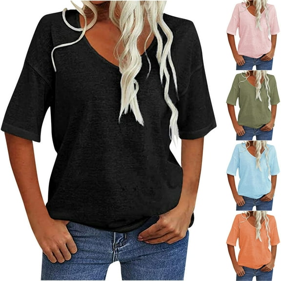 Fesfesfes Tees Women Fashion Casual Solid Color Short Sleeve Loose Tee Tops V-neck Tops Blouse Shirts Women 2XL(US:12)
