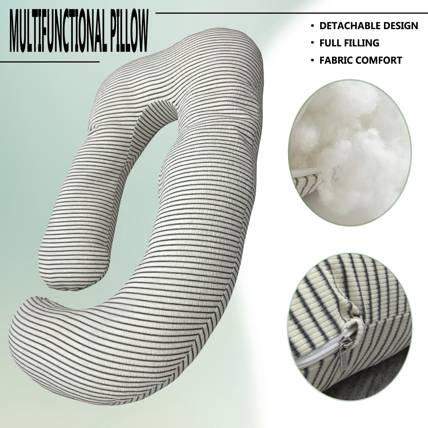 J-Shaped Pregnancy Pillow (65" x 16" x 8") - Full Body Maternity Support Pillow for Back, Hip and Belly Pain Relief, Black & White Stripe