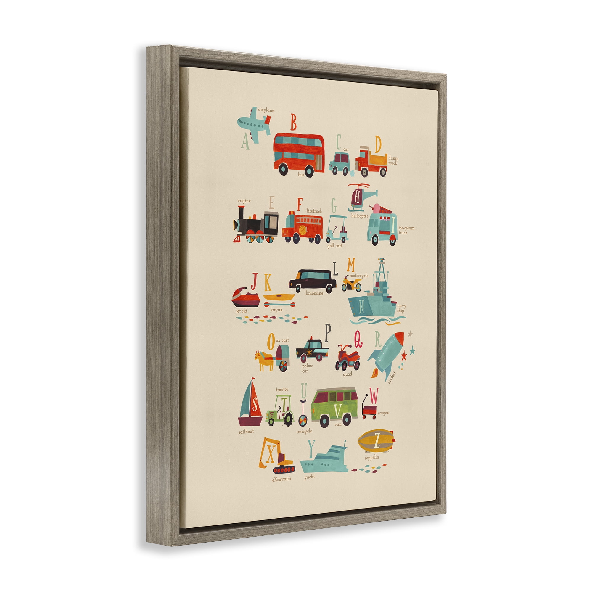 Stupell Industries Transportation AZ Alphabet Education Painting Brown Floater Framed Canvas Art Print Wall Art, 25 x 31