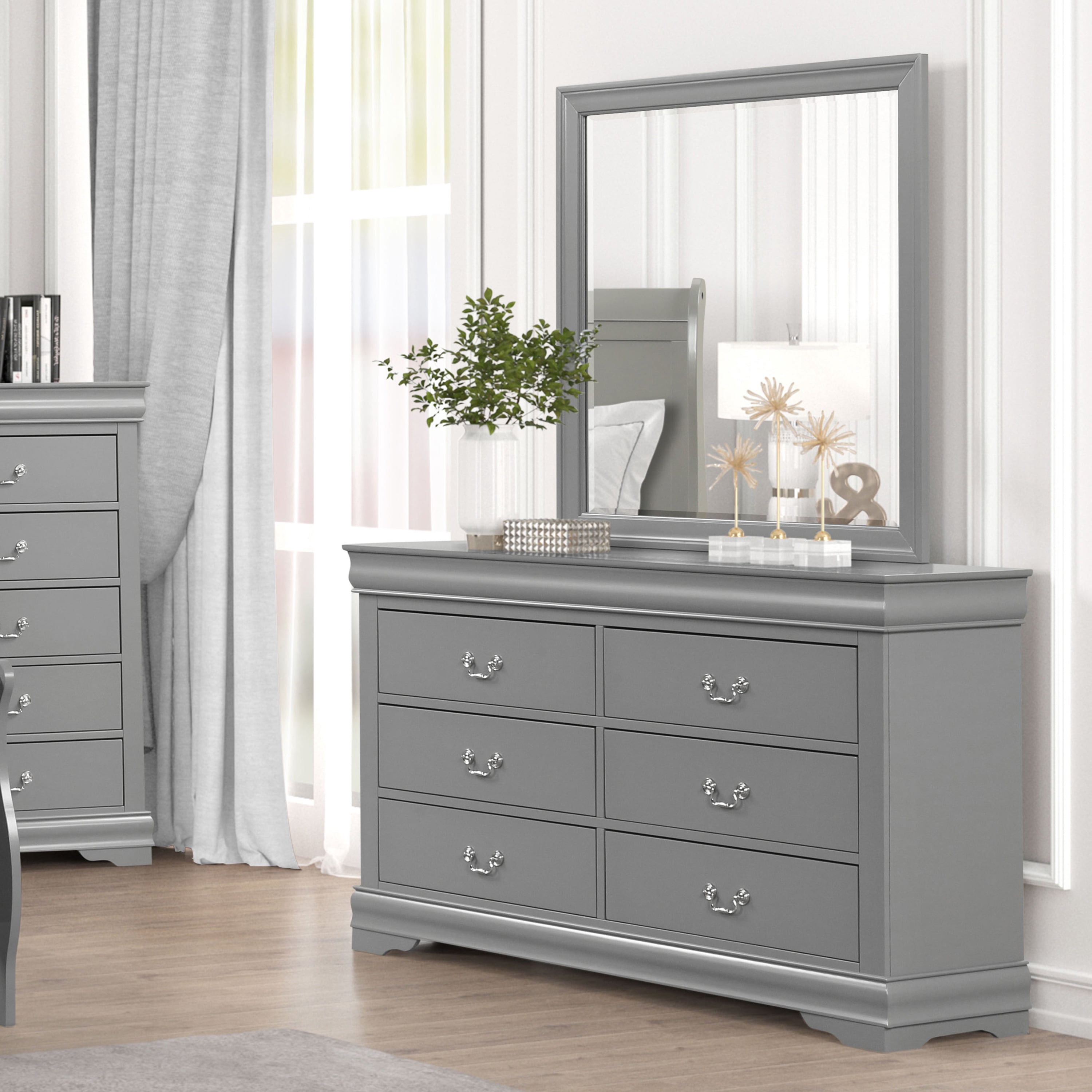 Furniture of America Vrai Modern 6-Drawer Dresser with Mirror, Gray