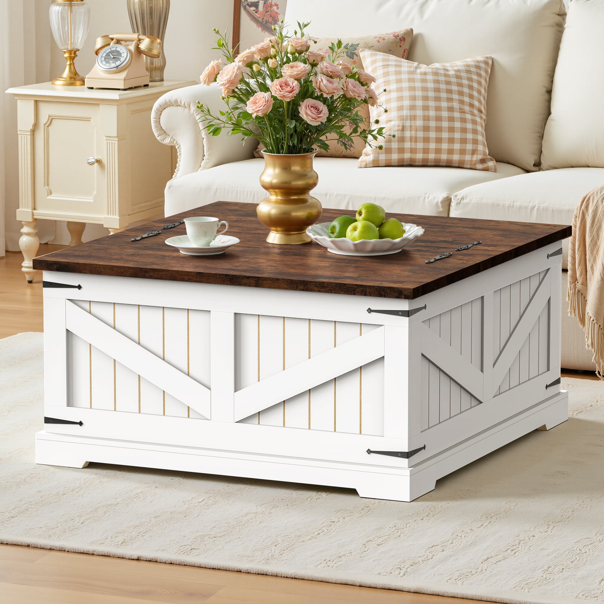 Spanspace Farmhouse Coffee Table with Storage, 31.5" Square Center Table with Dual Flip-Top Lids and Hidden Compartment, Rustic Wood Coffee Table for Living Room, Bedroom, Home Office, White