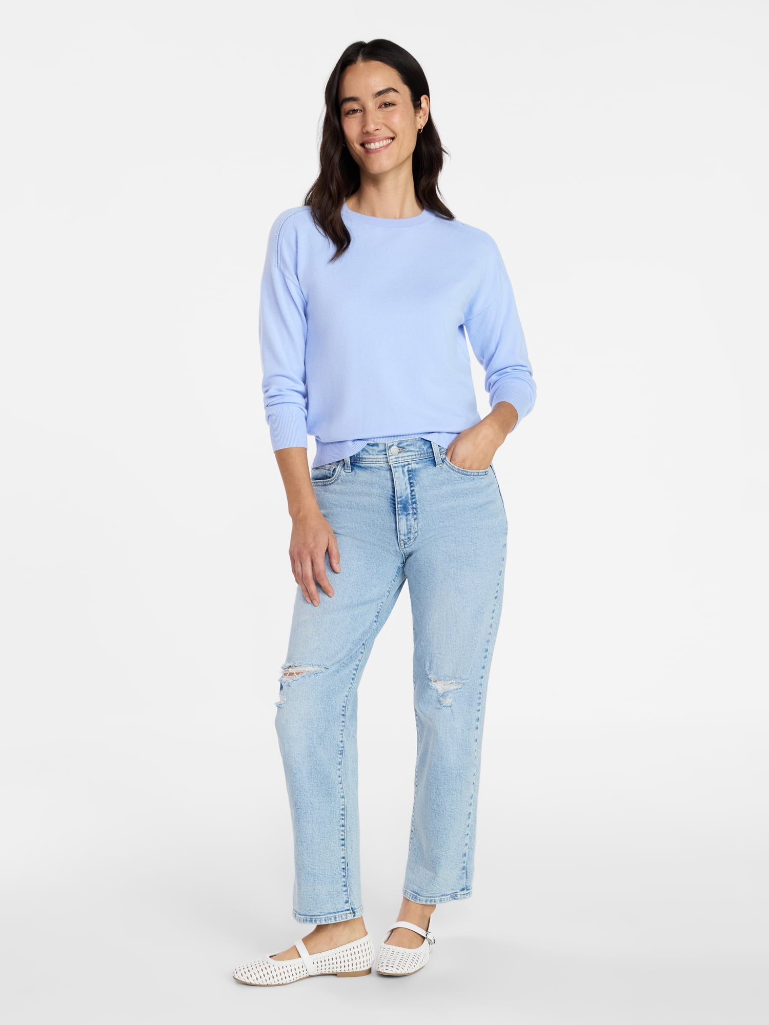 Time and Tru Women's Crewneck Sweater with Long Sleeves, Lightweight, Sizes XS-XXXL
