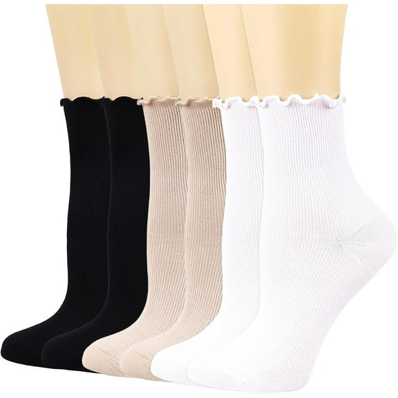 Zhengup Womens Ruffle Socks Crew Casual Cotton Frilly Breathable Cute Knit Lettuce Trim Ankle Solid Socks 6 Pack