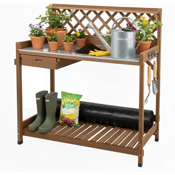 Petsblublu Outdoor Potting Bench Table Work Bench with Drawer Natural Wood Garden with Bottom Shelf