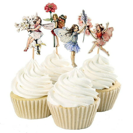 24pcs Pretty Fairy Cupcake Toppers for Cake Decorations Baby Girls Children Kids Toddlers Teens Birthday Supplies Bridal Shower Wedding Favors