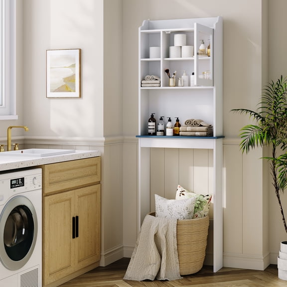 Roromall Wood Over The Toilet Storage Cabinet , 68.5" Tall Bathroom Organizer Space Saver Over Toilet with Adjustable Shelves and Glass Door, Rack for Bathroom, Restroom, Laundry