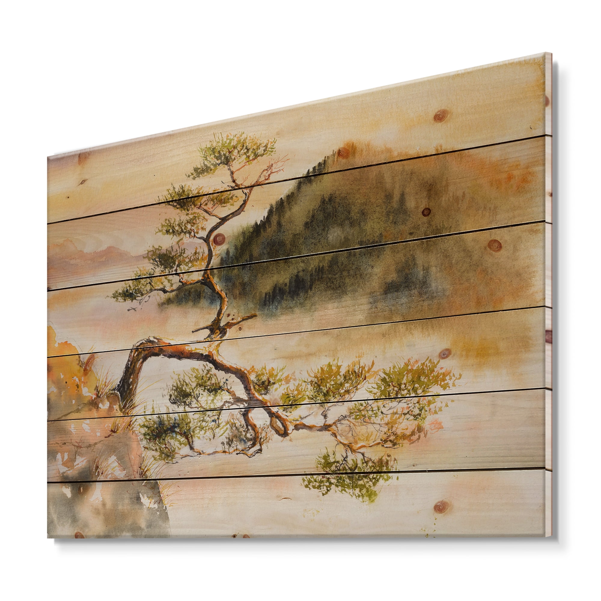Designart 'The Top of Sokolica Peak With Curved Pine Tree' Traditional Print on Natural Pine Wood