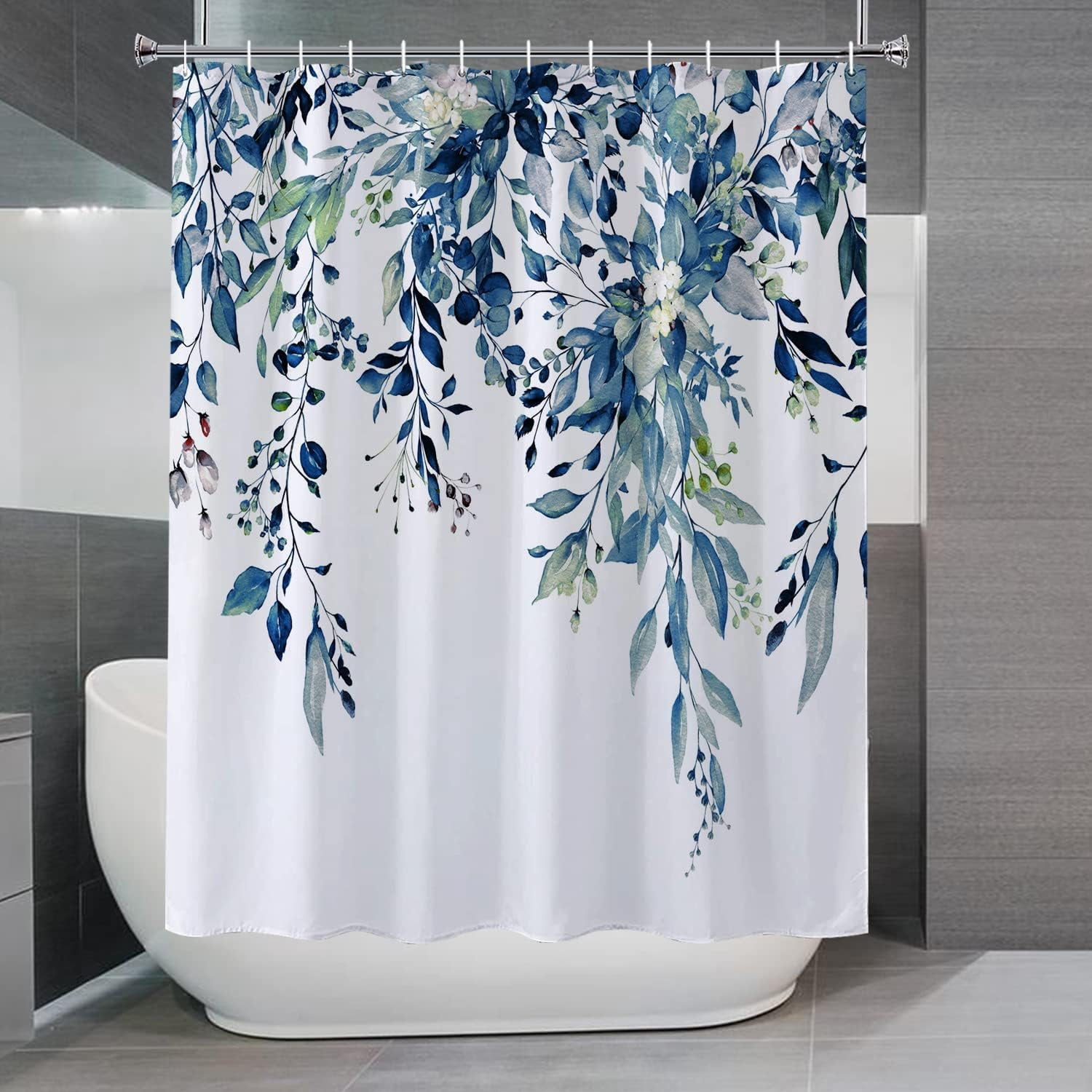 Extra Long Shower Curtains Blue Eucalyptus Shower Curtain, Watercolor Leaves on The Top Plant - Fabric Shower Curtain Set Natural Shower Curtain Bathroom Decor 72x84