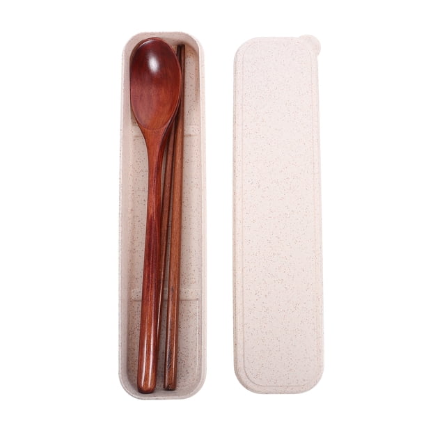Juego de cuchara y palillos de madera portátiles, cubiertos de madera para viajes, juego de palillos y cucharas de estilo japonés con caja de almacenamiento para niños y cenas al aire libre.