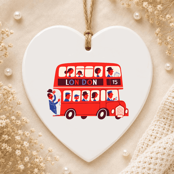Kids London Double Decker Bus London Red Bus British Baby Shower 2D FLAT HEART Ceramic Ornament