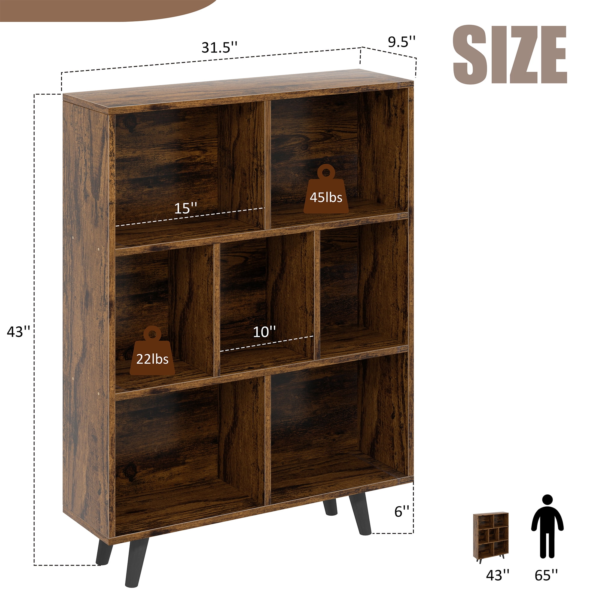 Walsunny Cube Bookcases Bookshelves 7 Cube Organizers with Legs 43" Tall Wooden Open Storage Display Bookshelf for Living Room Bedroom Office Brown