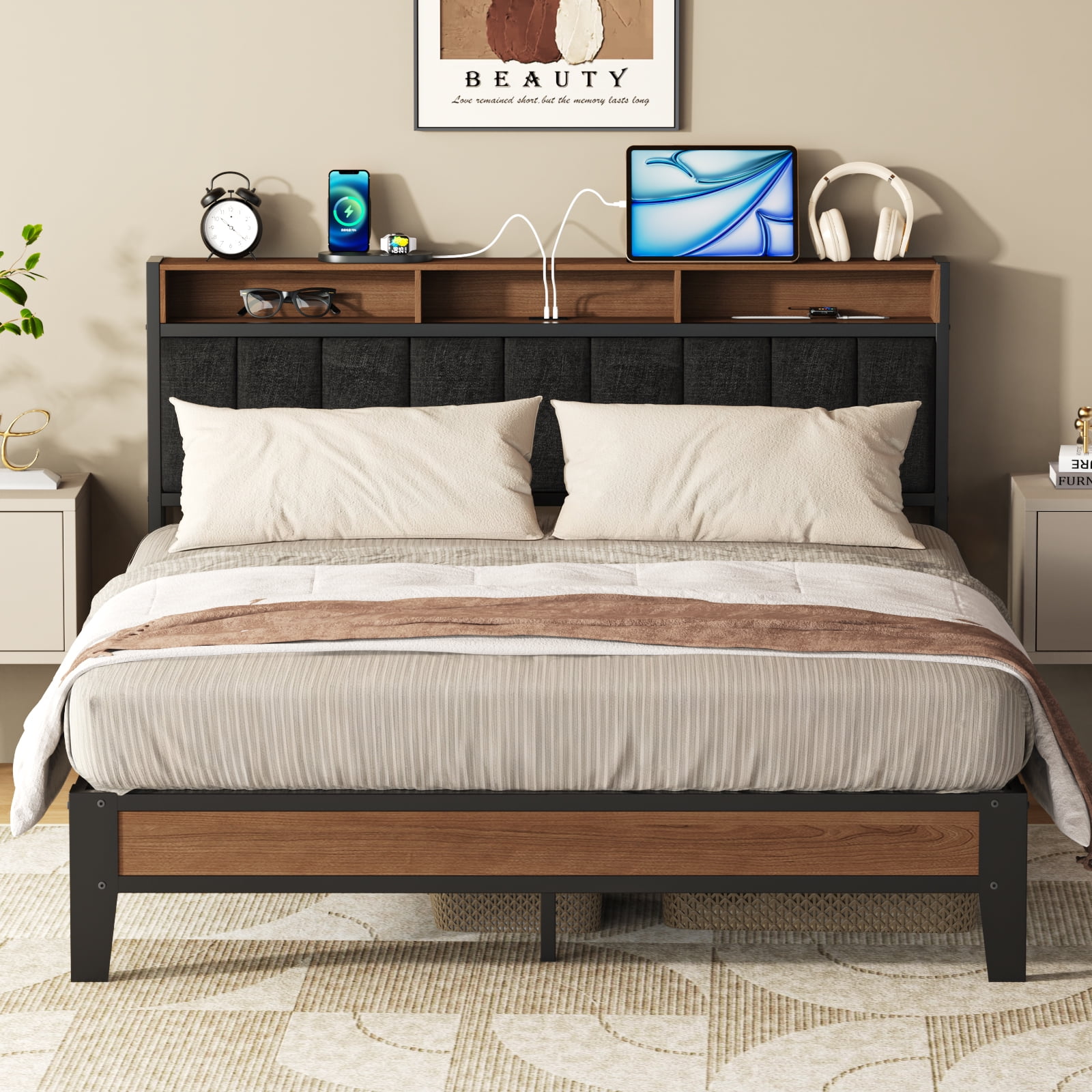 Lusimo Bed Frame Queen, Metal Platform Bed Frame with Fabric Upholstered Headboard and Charging Station No Box Spring Needed Easy Assembly, Black