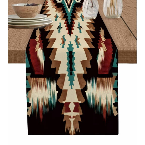 Southwestern Table Runner-Cotton Linen- 48 Inch Holiday Dresser Scarves, Aztec Tribal Patterns Rustic Boho American Tablerunner for Kitchen Coffee/Dining Bedroom Living Room Dinner Scarf Décor 13x48