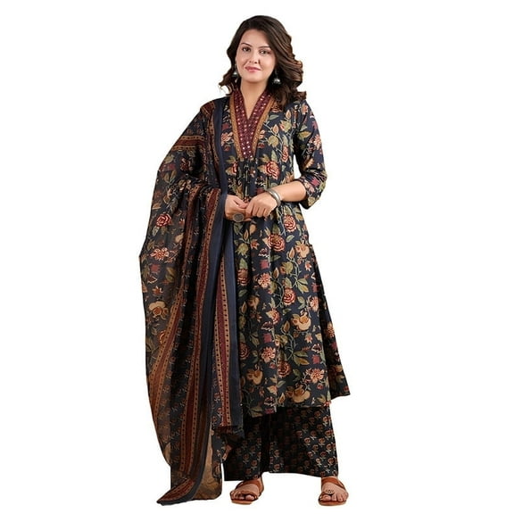 Vbuyz Women'S Floral Printed Cotton White And Purple Stitched Straight Kurta Palazzo With Dupatta | Ethnic Printed Kurta Set - Indian Ethnic Traditional Wear Kurta Set