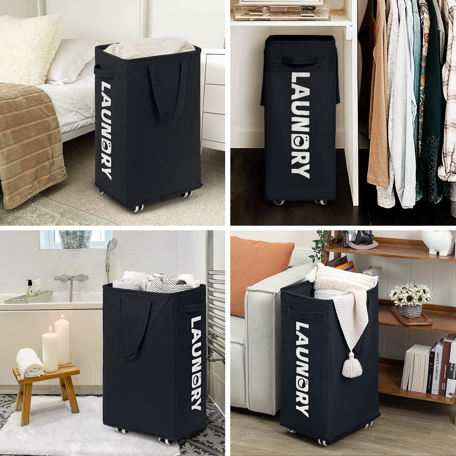 HiChen Laundry Hamper with Wheels, 75L Collapsible Rolling Laundry Basket with Removable Wash Bag, Foldable Clothes Organizer, Black